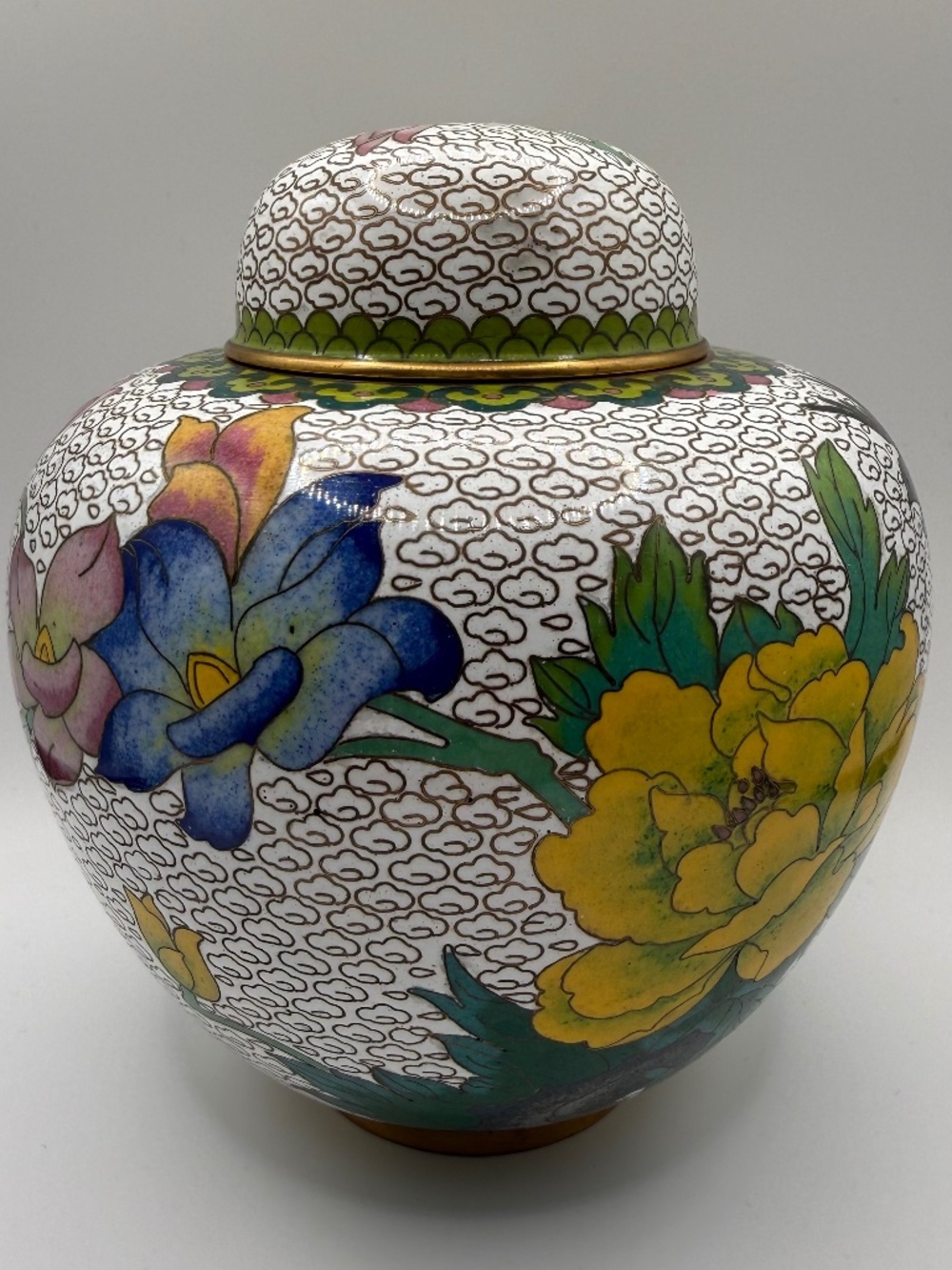 Vintage Cloisonné Ginger Jar White Floral Lidded Vase Peony Bird Decor